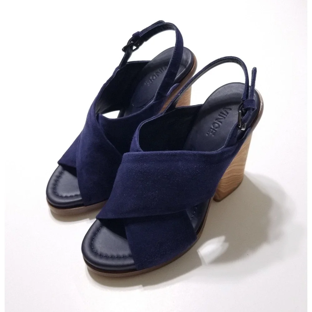 Vince Helena Suede Slingback Wooden Block Heel Sandals Indigo Blue NIB 6.5 7